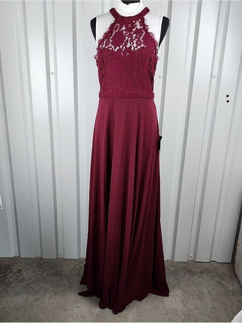 Lulu's Womens Burgundy Lace Halter Maxi Dress Size Medium Bridesmaid Formal NWT